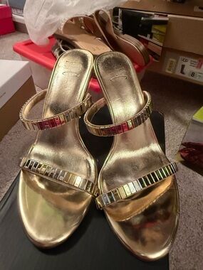 INC International Concepts Gold and silver Slide Sandals with Gem Accents